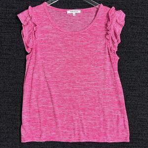 Rose + Olive Pink Stripe Tee Ruffle Short Sleeve Womens Size Large L